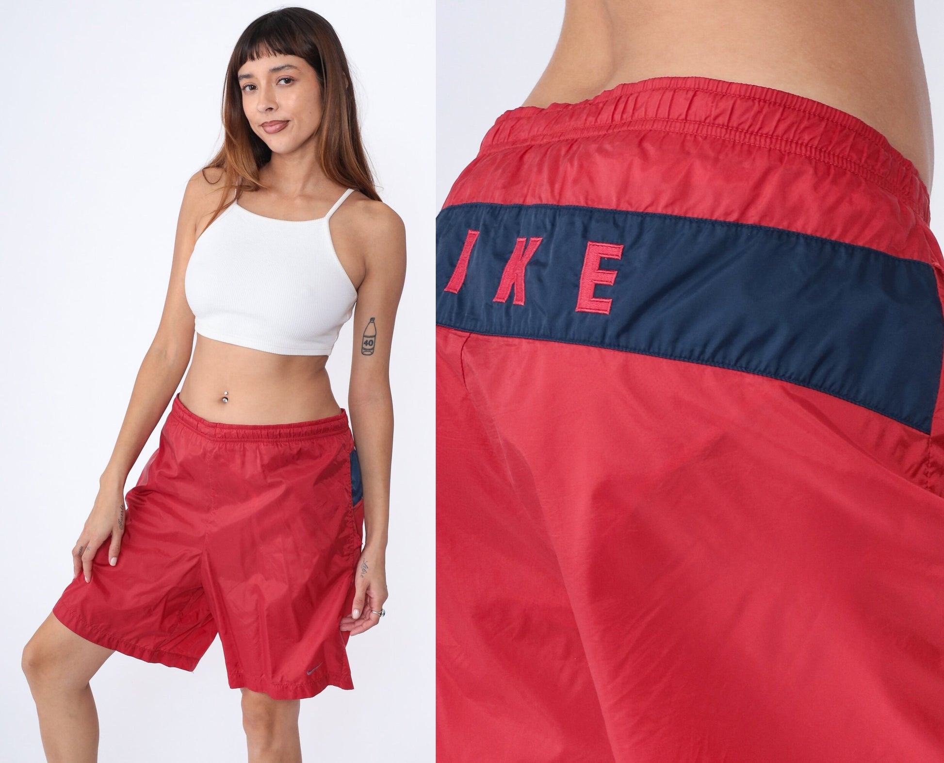 90s Nike Swim Shorts Red Nylon Spellout Navy Stripe Extra Large XL