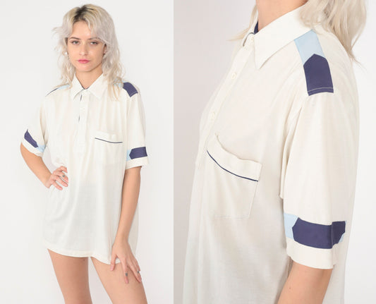 80s Royale-Air White Polo Shirt Navy Striped Trim Chest Pocket Large L