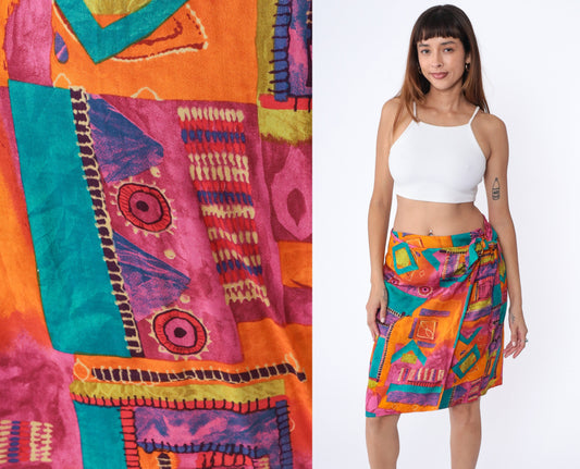 90s Geometric Wrap Skirt Midi Rayon Colorful Print Large 14
