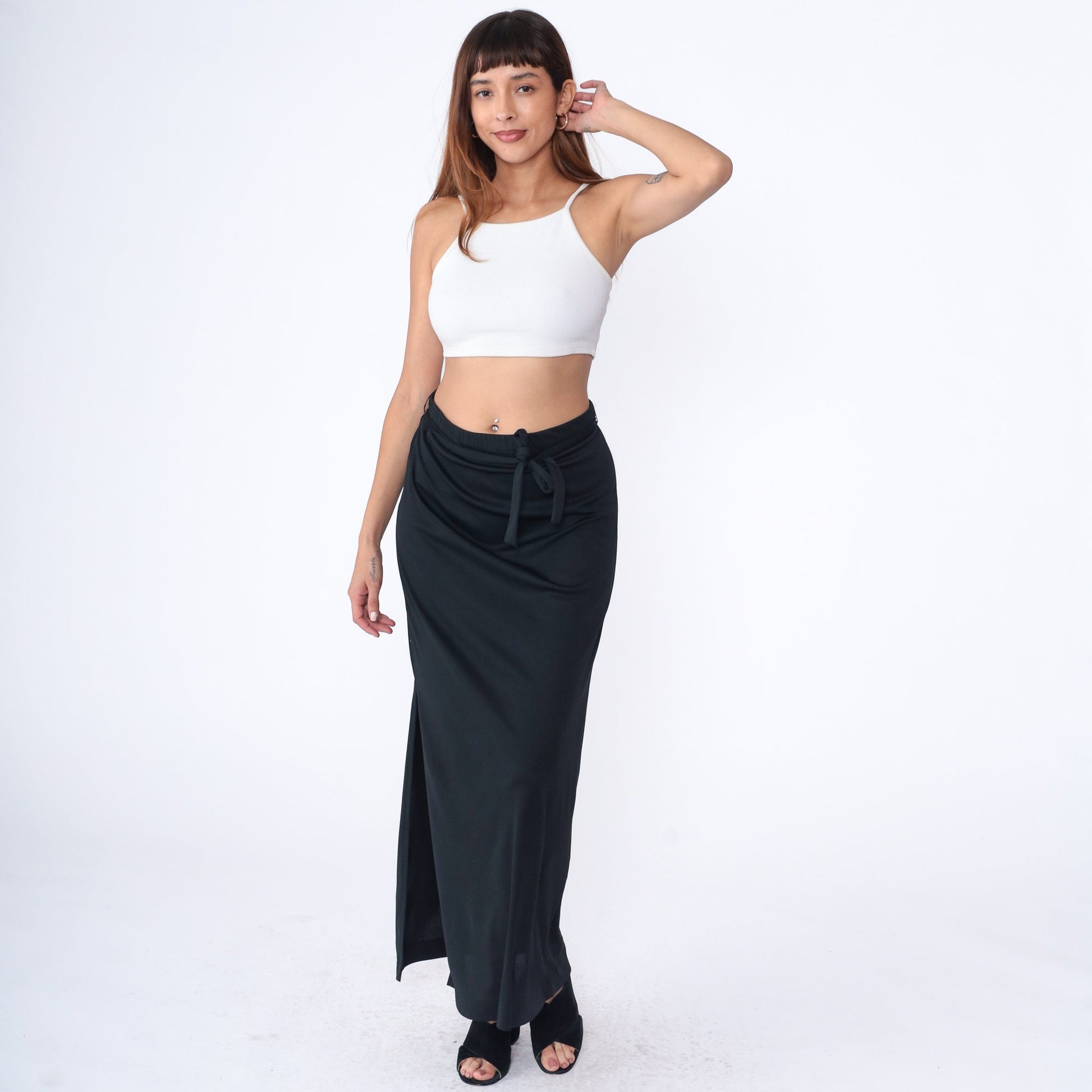 70s Black Maxi Skirt High Waist Straight Cut Elastic Waistband Large L