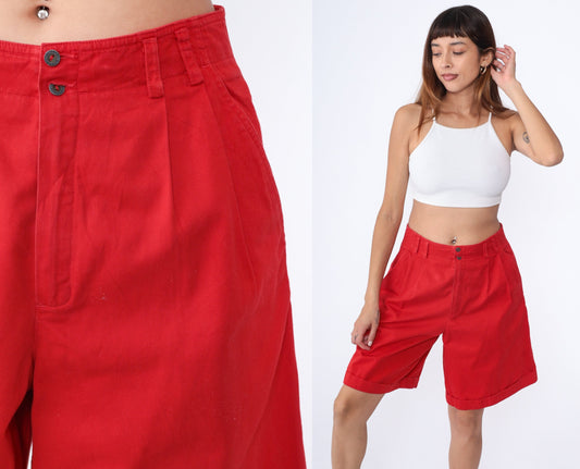 90s Liz Claiborne Red Pleated Shorts High Waist Cotton Cuffed Large 12