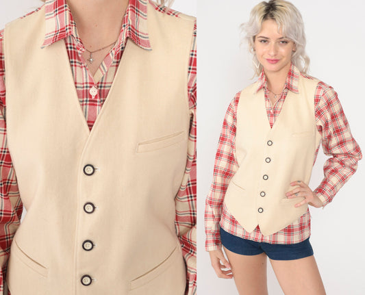 80s Armani Jeans Red Plaid Shirt & Cream Wool Vest Set Small