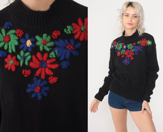 90s Esprit Floral Embroidered Black Cotton Sweater Small