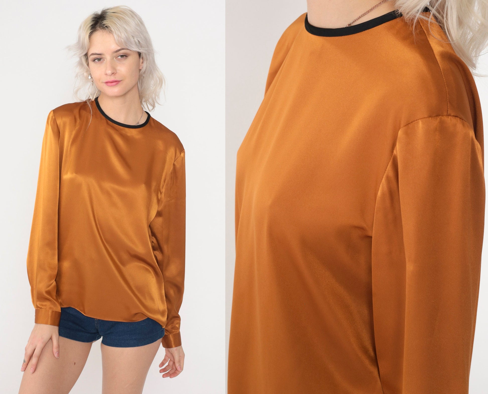 80s Kasper Burnt Orange Satin Button-Up Blouse Black Ringer Trim Medium