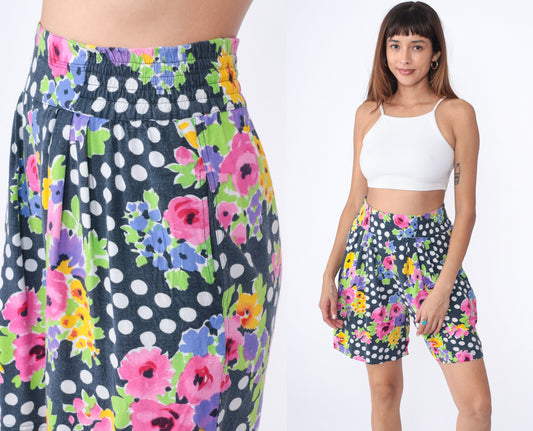 90s Polka Dot Floral Rayon Shorts High Waist Pleated White Small