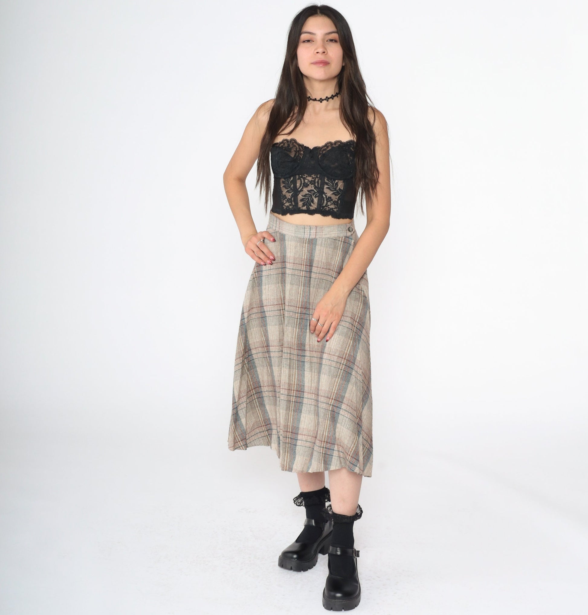 1970s Plaid Wool Midi Skirt Beige Red Blue Pleated High Waist Small