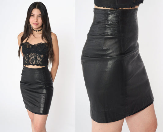 90s Black Leather Mini Pencil Skirt High Rise Bodycon XXS