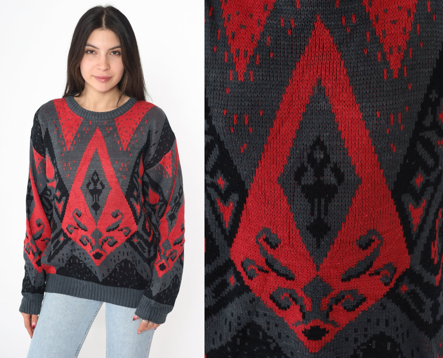 80s DJ Smash Geometric Knit Sweater Red Black Crewneck Medium
