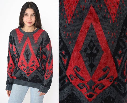 80s DJ Smash Geometric Knit Sweater Red Black Crewneck Medium