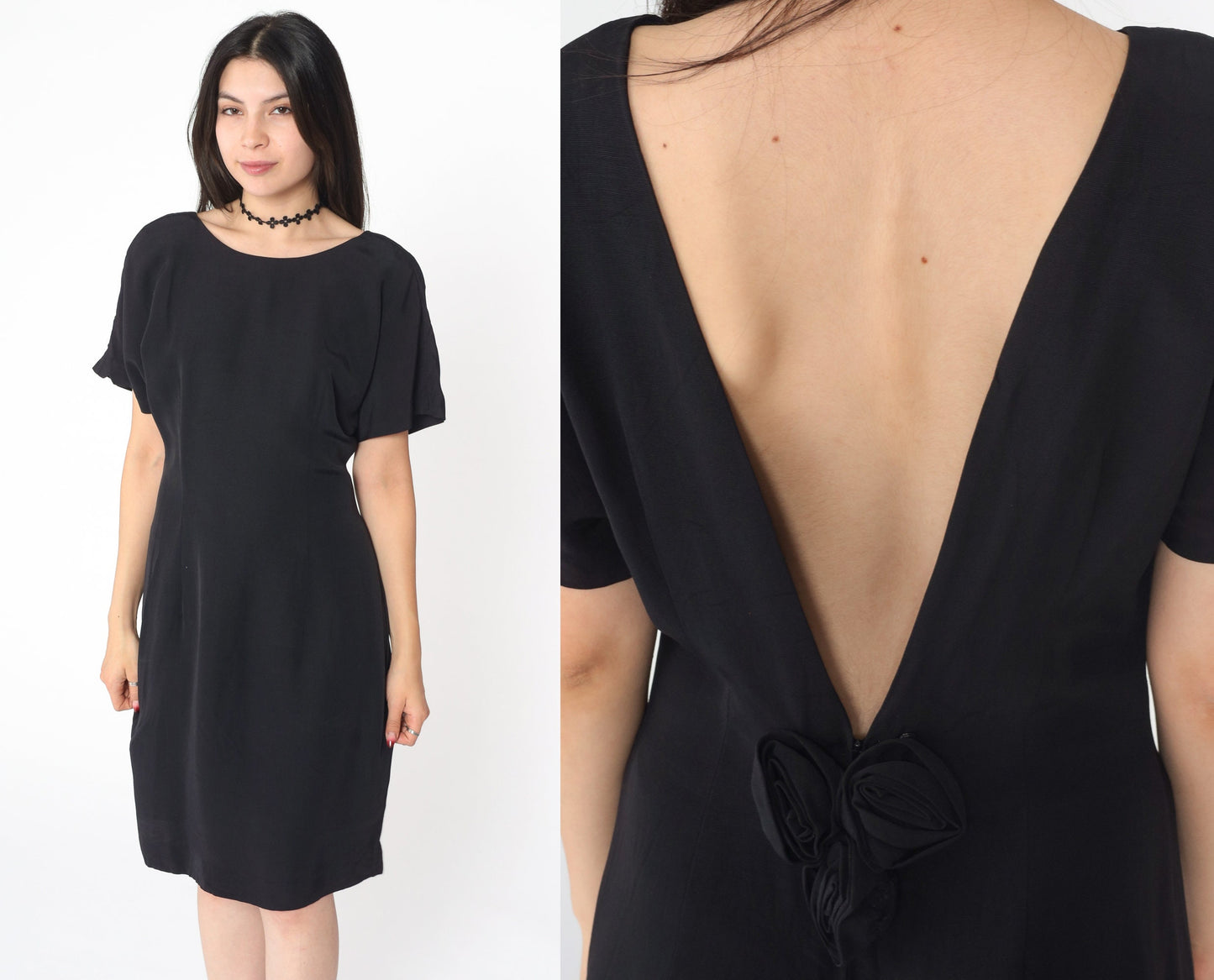 90s Black Midi Dress Deep V Back Sheath Short Sleeve Small