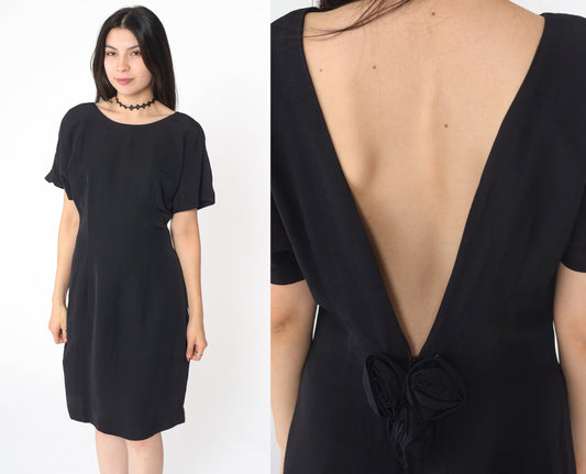 90s Black Midi Dress Deep V Back Sheath Short Sleeve Small