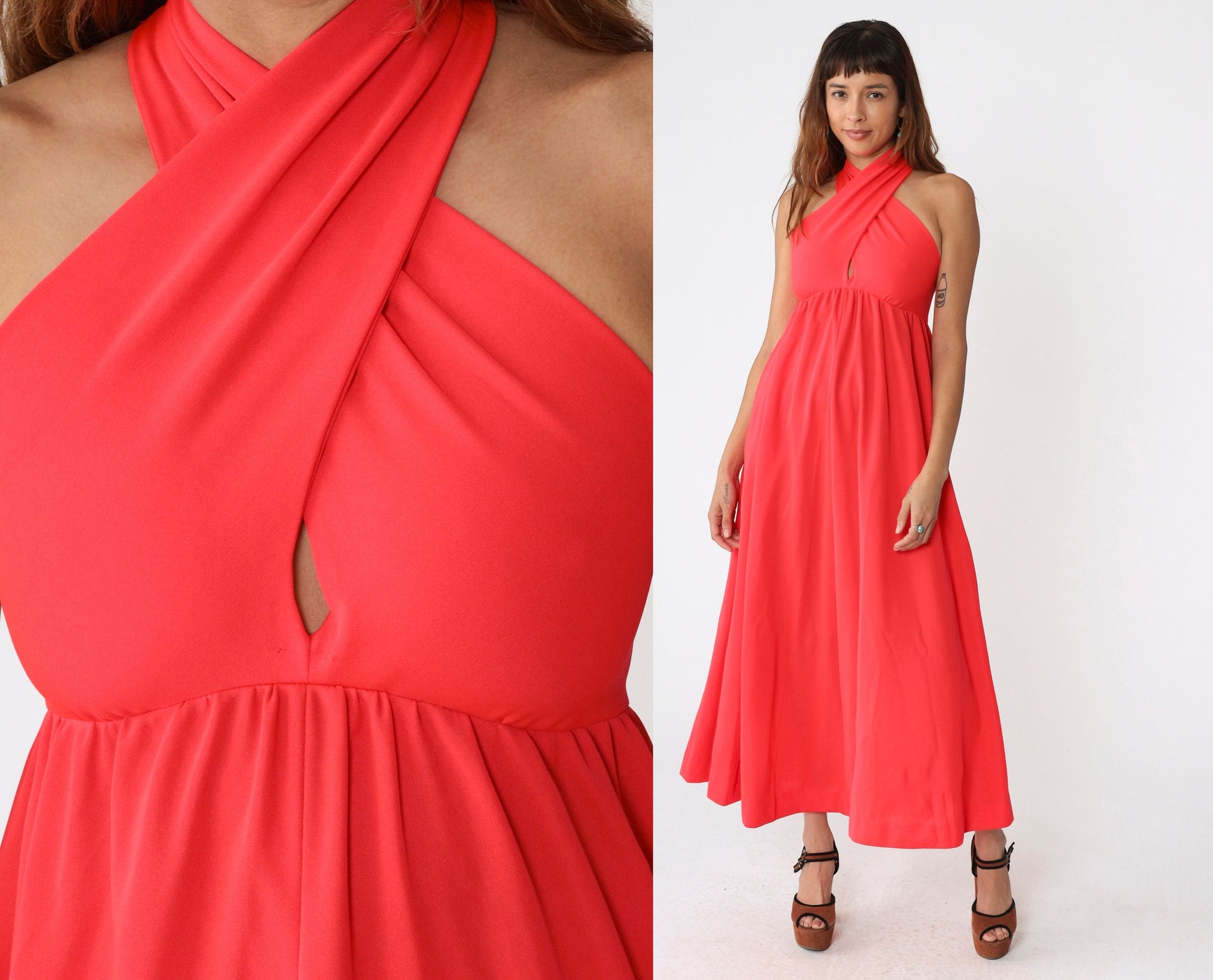 70s Coral Maxi Dress Halter Keyhole Back Empire Waist Criss Cross Small