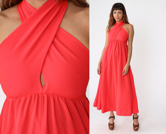 70s Coral Maxi Dress Halter Keyhole Back Empire Waist Criss Cross Small
