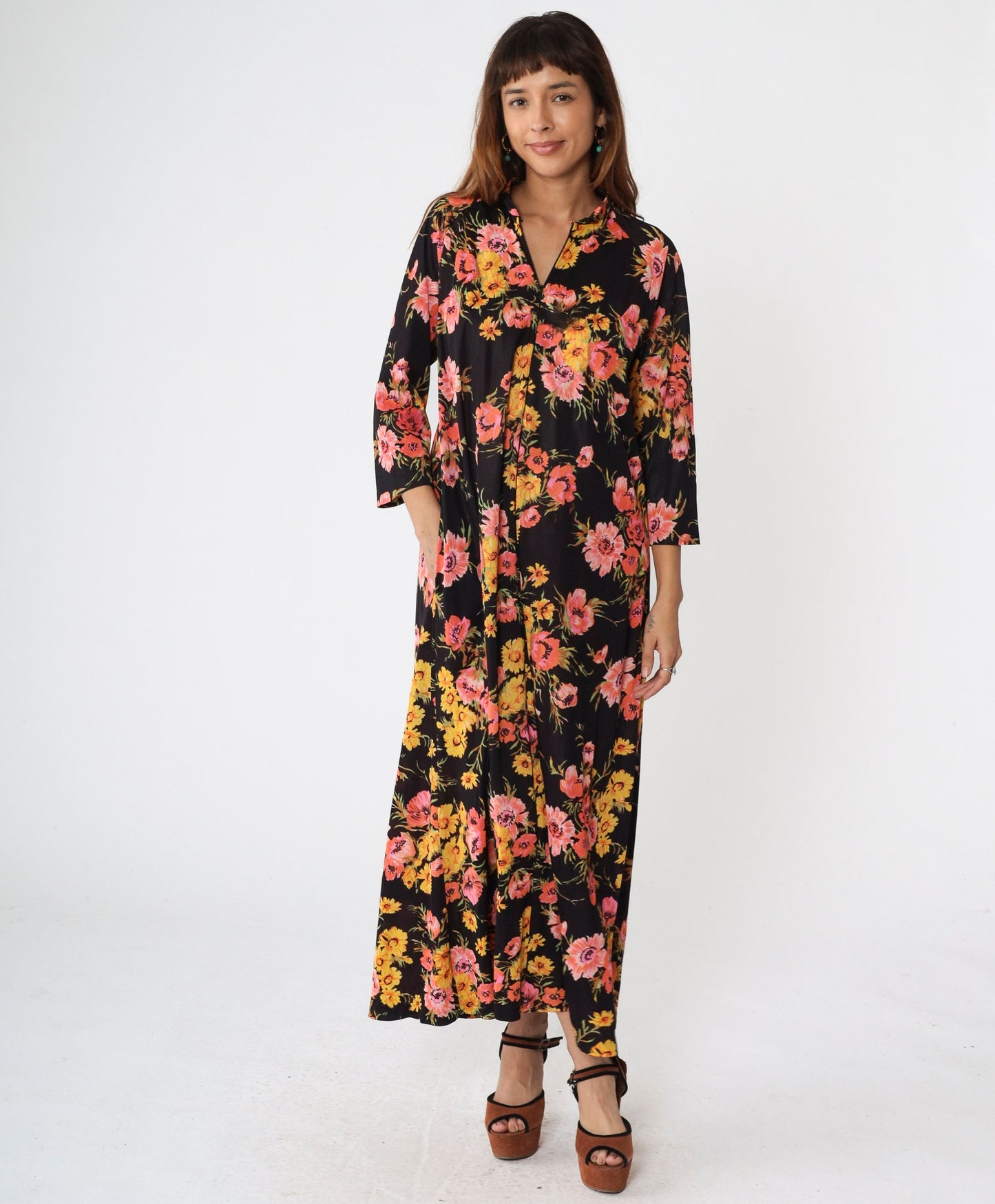 70s Black Floral Maxi Nightgown Zip Front 3/4 Sleeve Loungewear Large