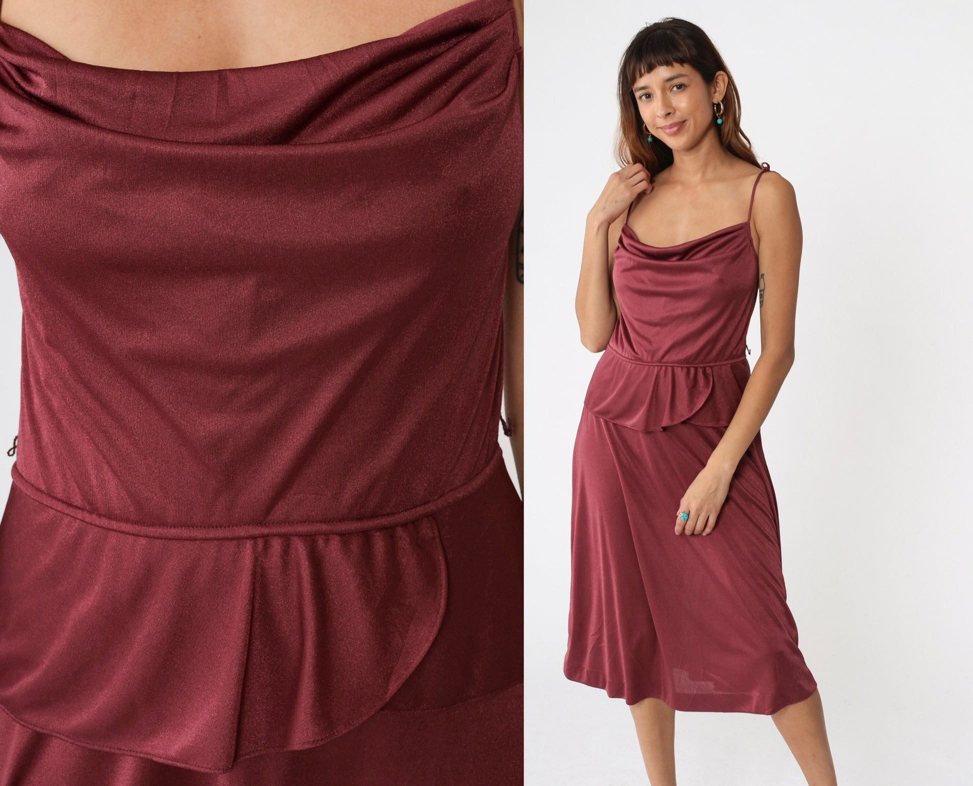 70s Burgundy Midi Dress High Waist Peplum Spaghetti Strap Small