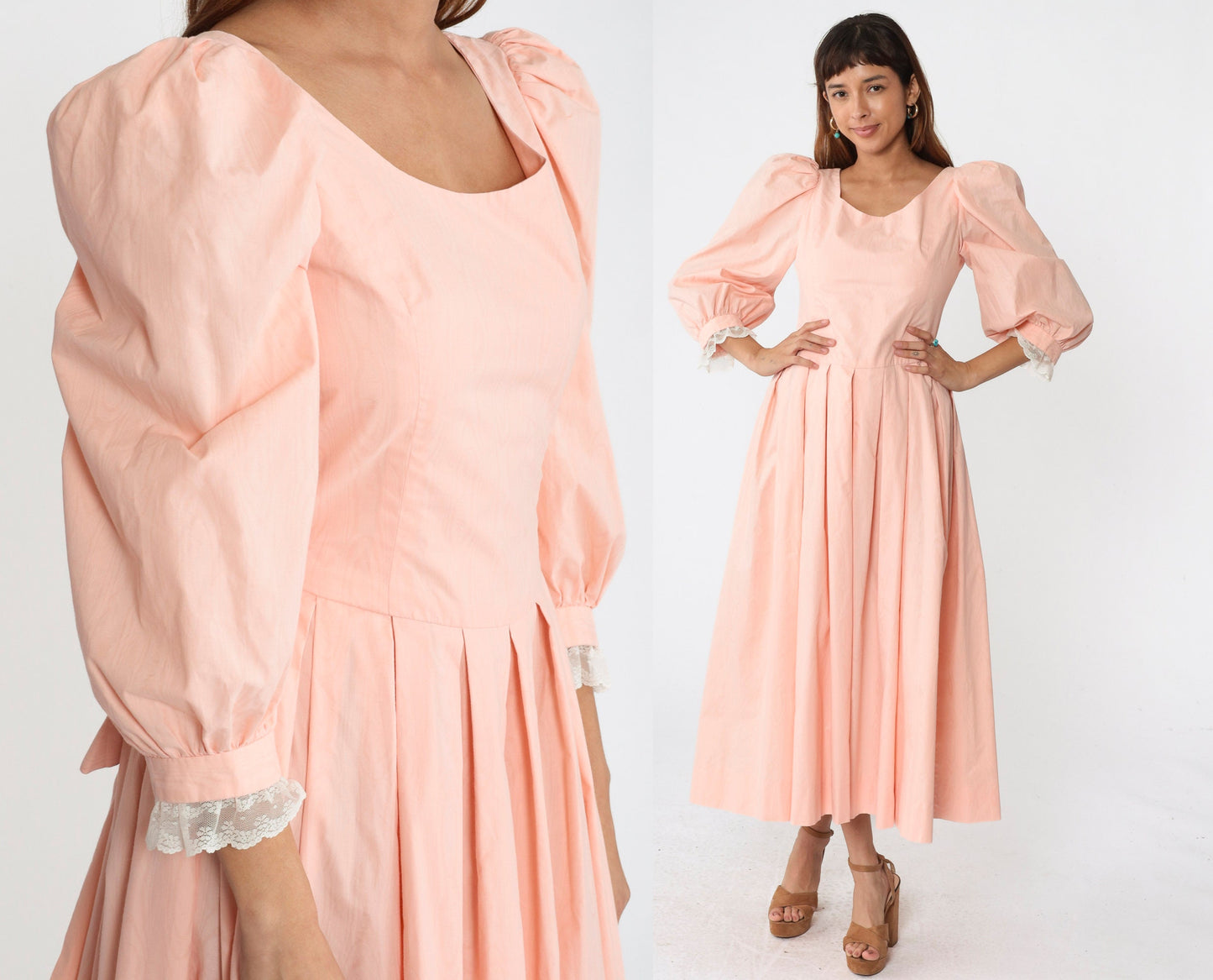 80s Baby Pink Puff Sleeve Midi Dress Lace Trim Pleated Scoop Back Small