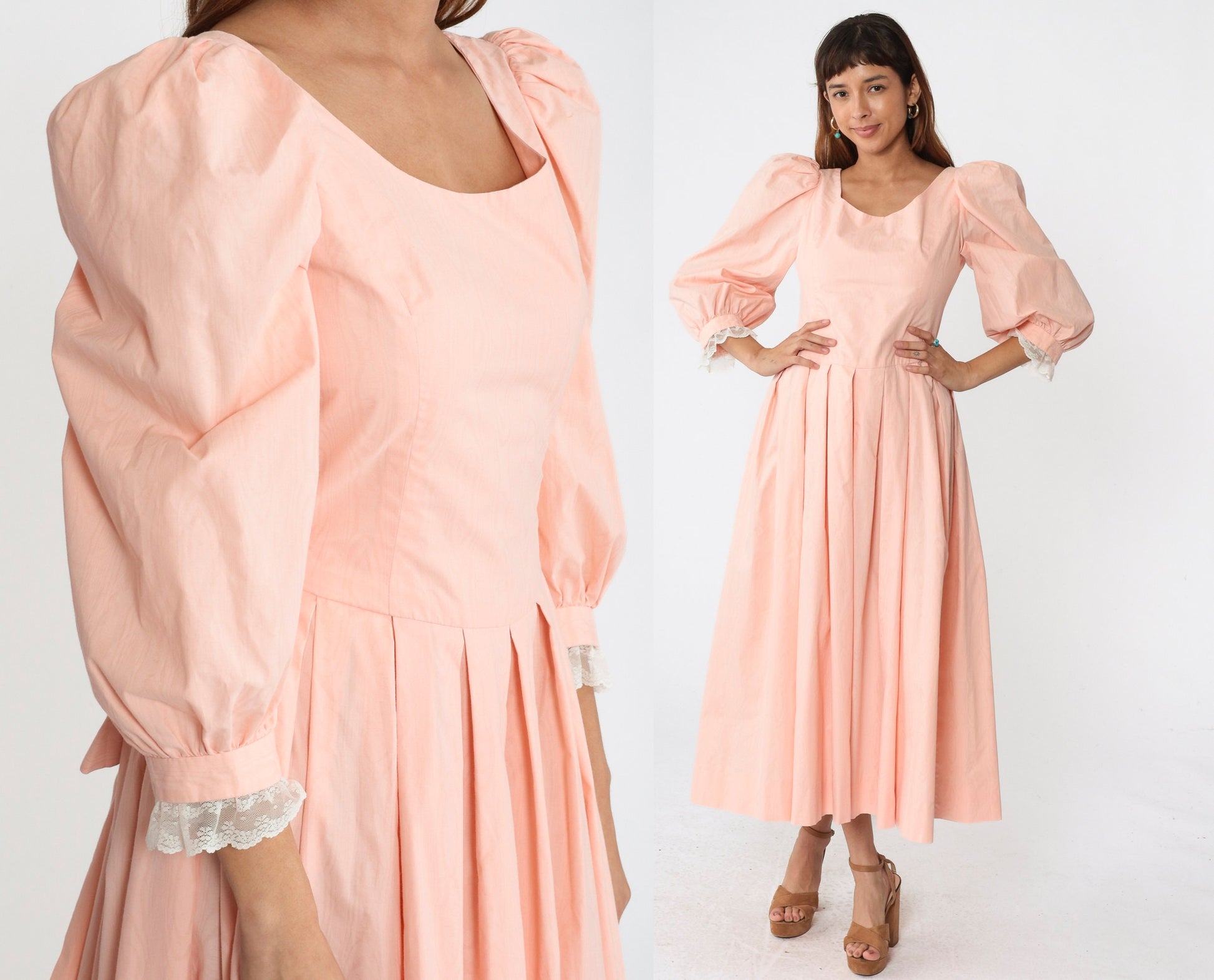 80s Baby Pink Puff Sleeve Midi Dress Lace Trim Pleated Scoop Back Small