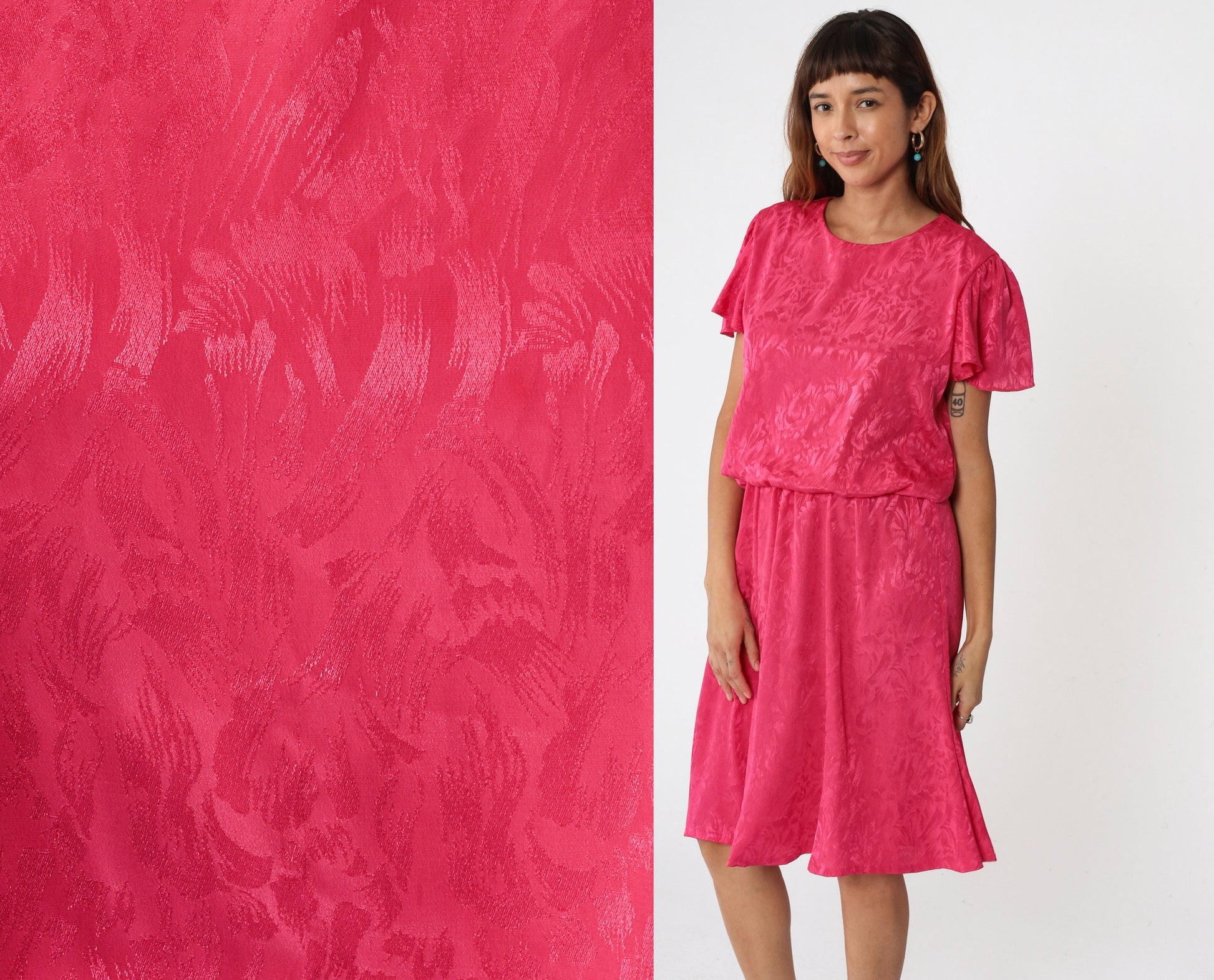 1970s Hot Pink Floral Embossed Midi Dress Flutter Sleeve High Waist Medium