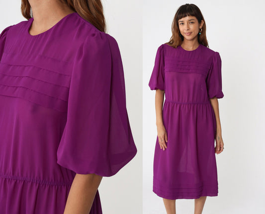 80s Purple Sheer Midi Dress Puff Sleeve Pleated High Waist Keyhole Medium Large