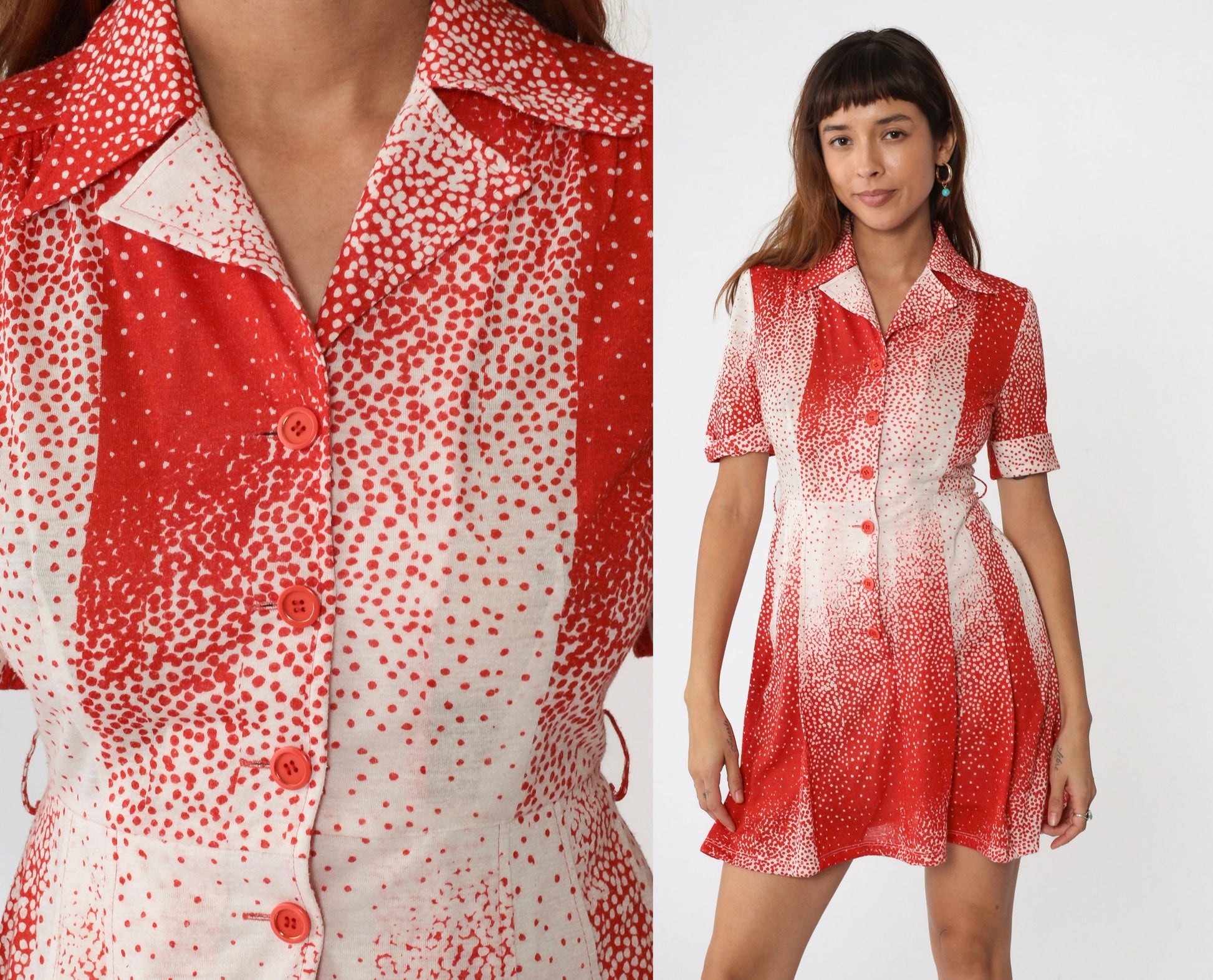 70s Red White Polka Dot Mini Shirtdress High Waisted Button Front Small