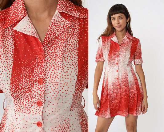 70s Red White Polka Dot Mini Shirtdress High Waisted Button Front Small