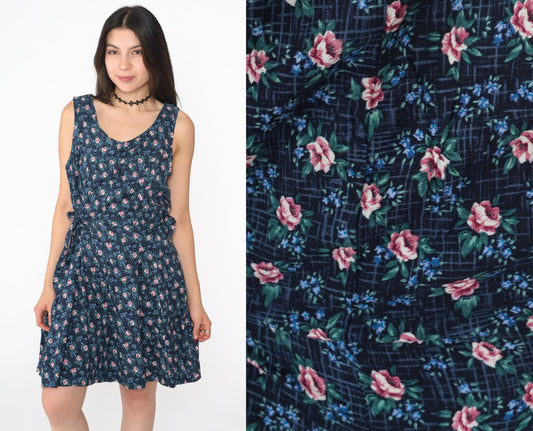 90s Navy Floral Rayon Mini Dress Sleeveless Side Tie Scoop Neck Large 12