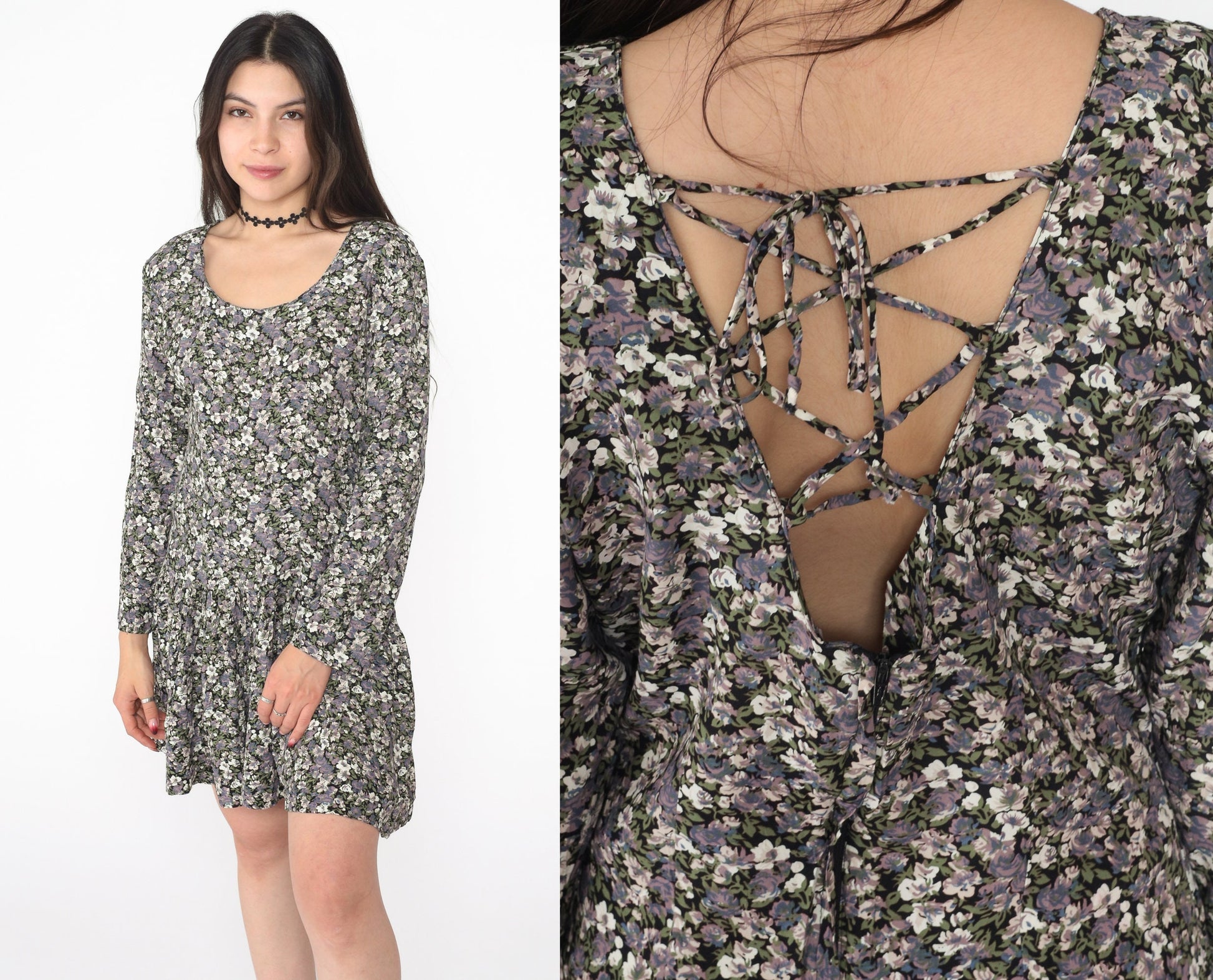 90s Floral Mini Dress Lace-Up V Back Drop Waist Long Sleeve Medium