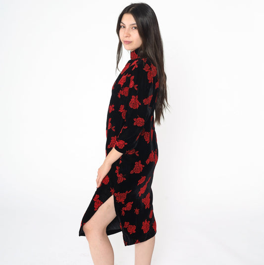 90s Black Velvet Cheongsam Dress Red Rose Floral Mandarin Collar Midi Small