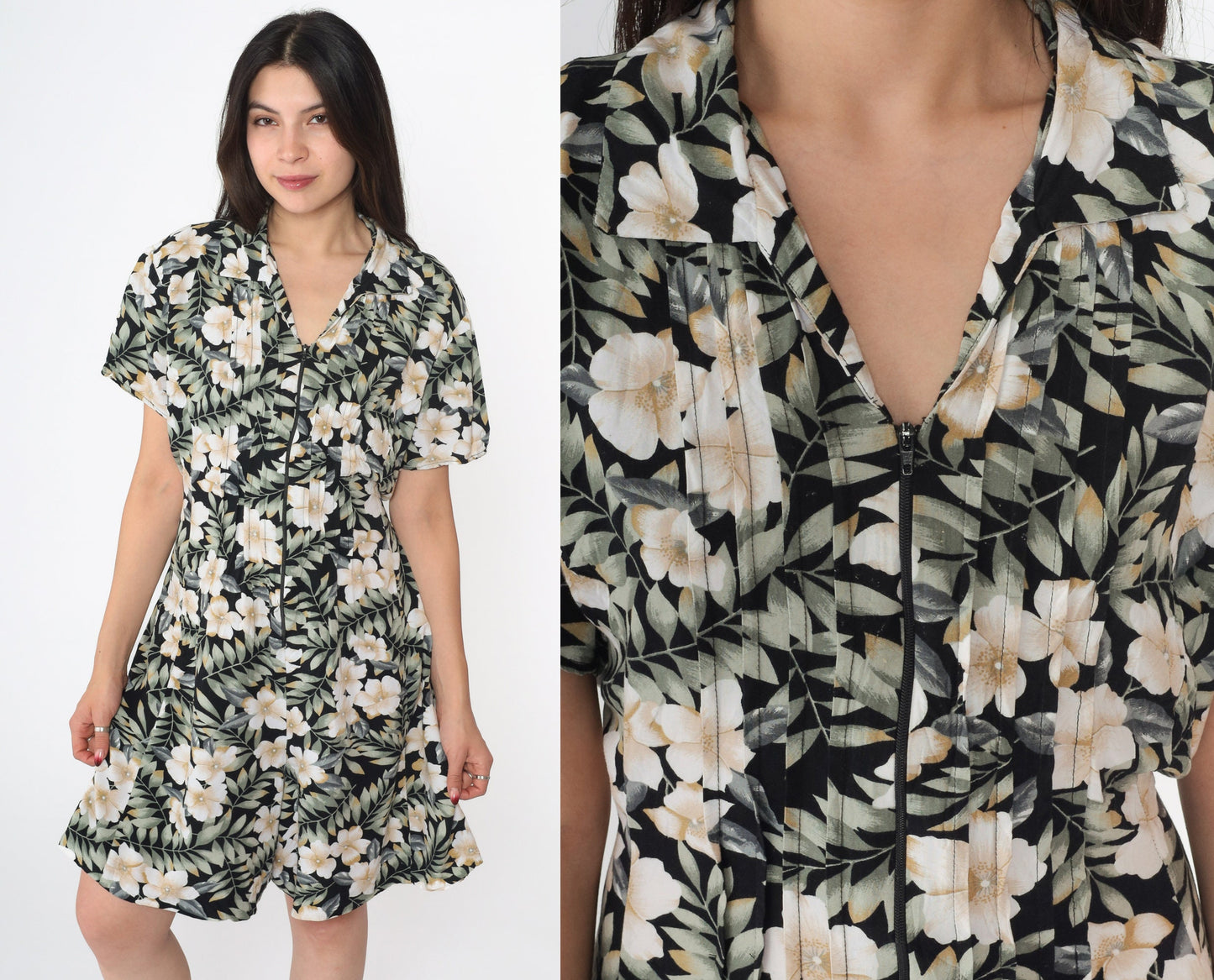 90s Tropical Floral Romper Black Green Wide Leg Playsuit Zip Front Medium