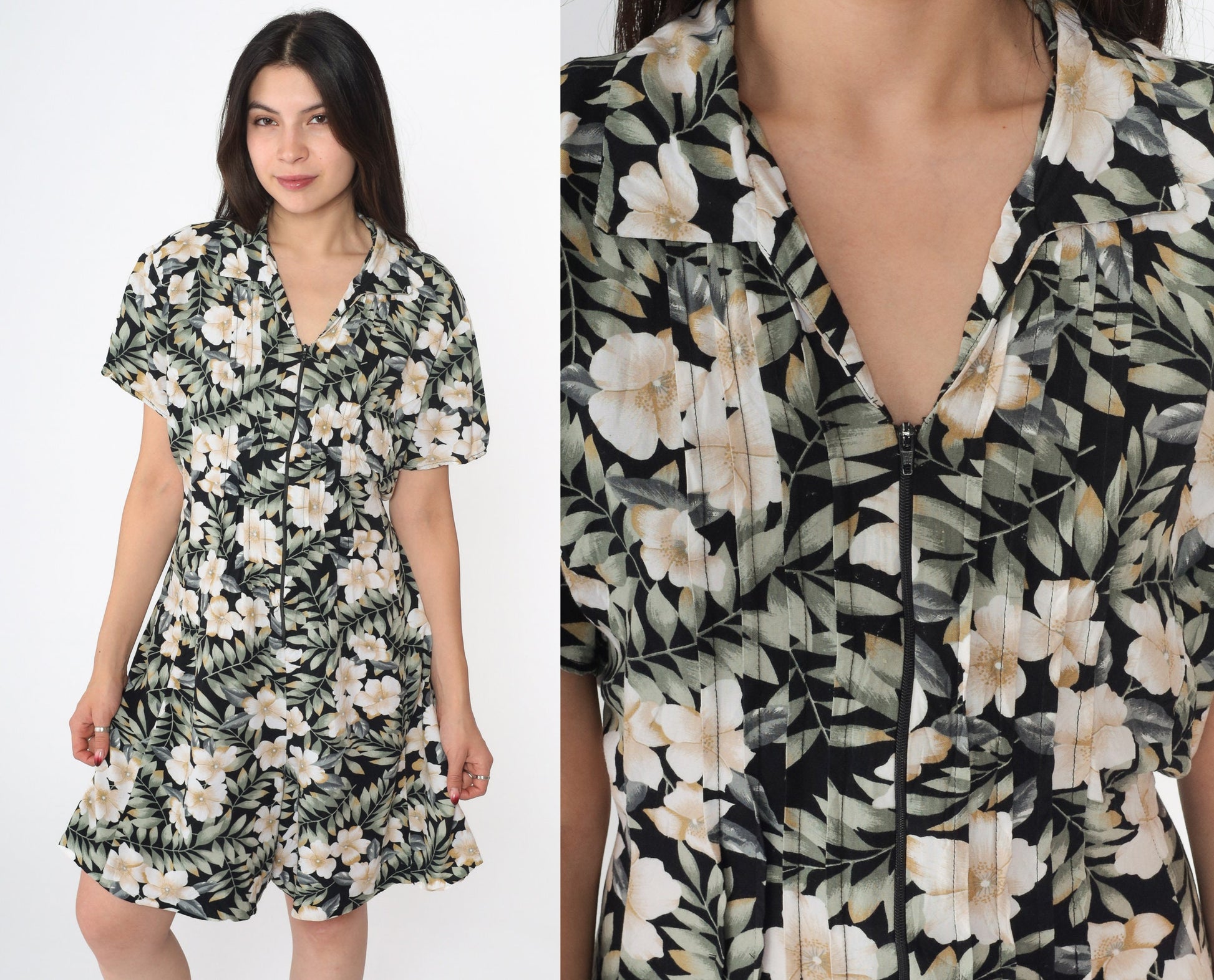 90s Tropical Floral Romper Black Green Wide Leg Playsuit Zip Front Medium