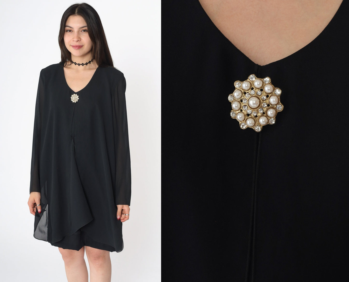 90s Black Chiffon Mini Shift Dress Long Sleeve Pearl Brooch Medium