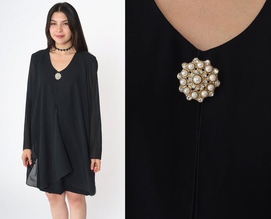 90s Black Chiffon Mini Shift Dress Long Sleeve Pearl Brooch Medium