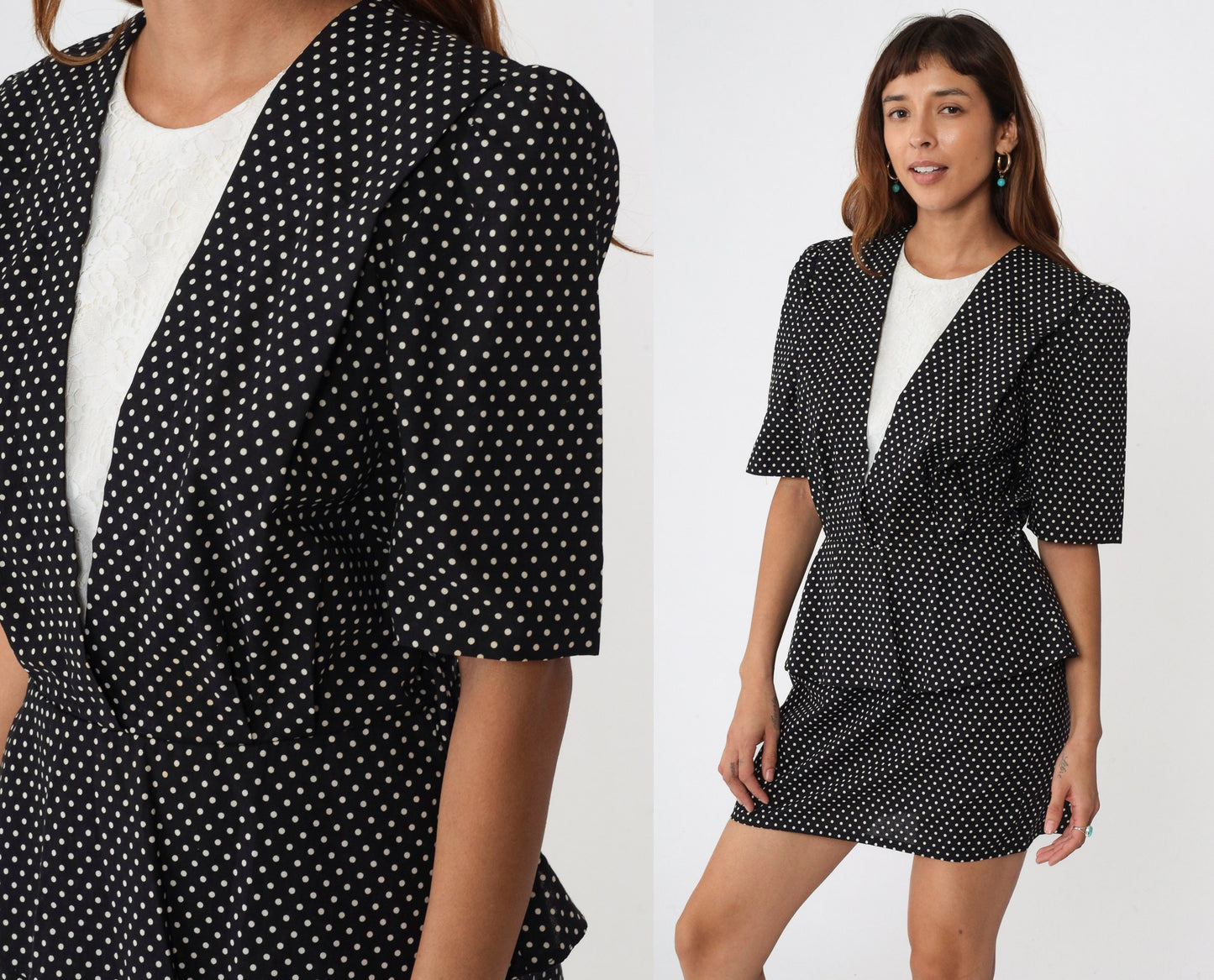 80s Black Polka Dot Peplum Mini Dress Puff Sleeve Lace Trim Medium