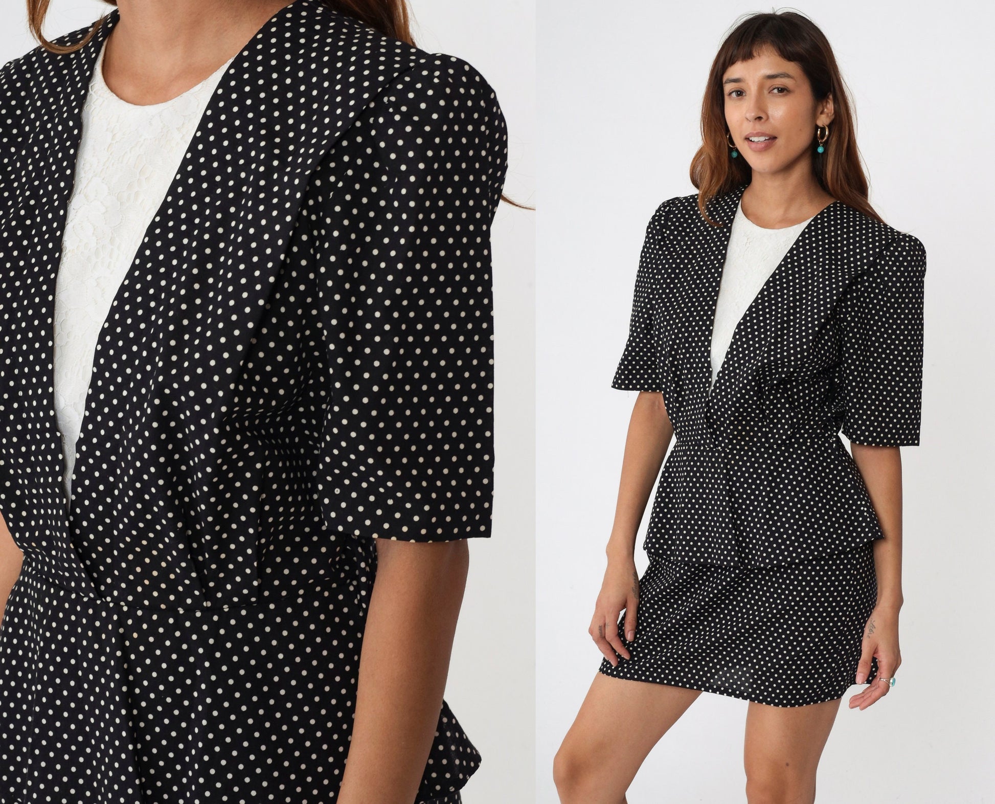 80s Black Polka Dot Peplum Mini Dress Puff Sleeve Lace Trim Medium