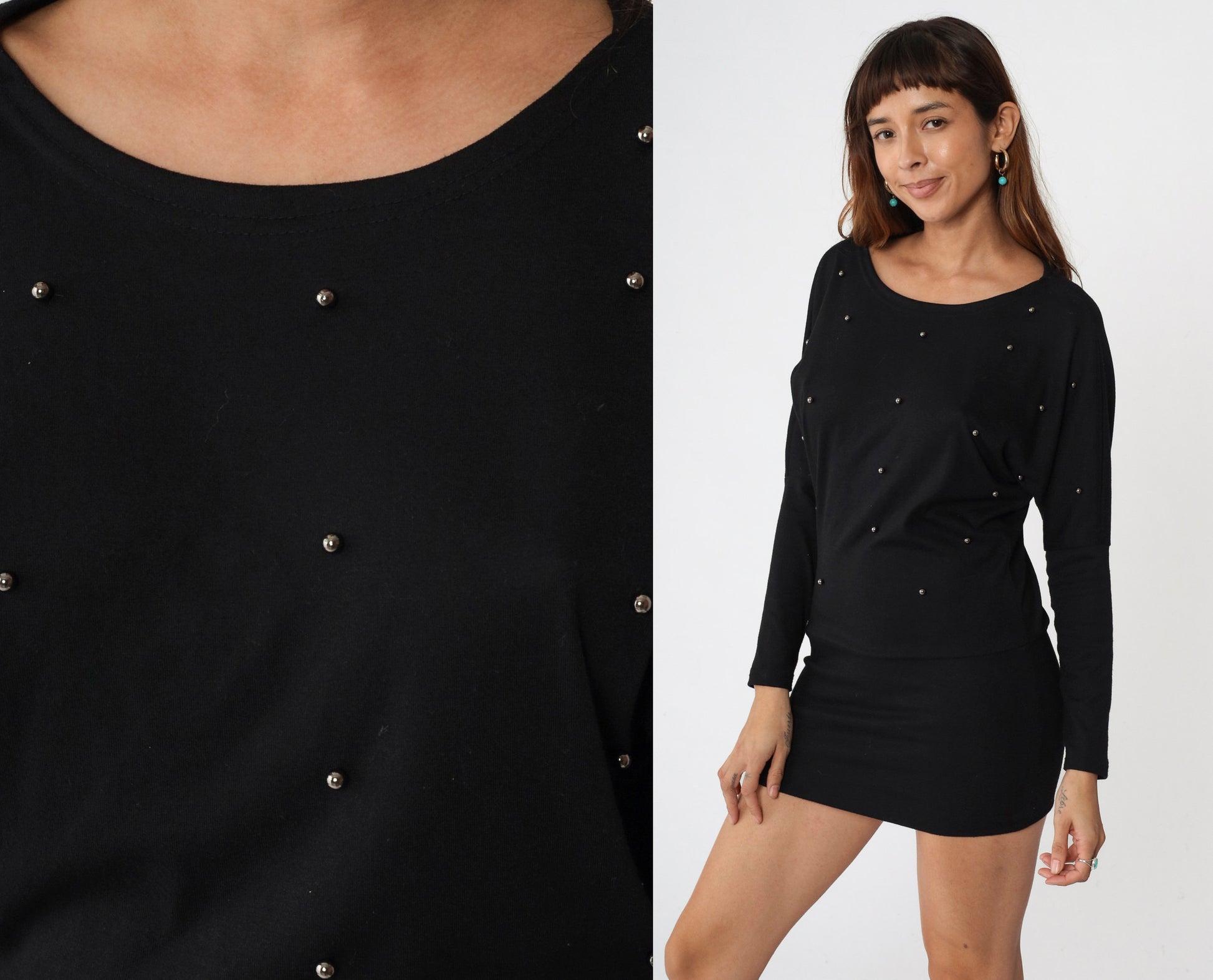 80s Black Beaded Bodycon Minidress Dolman Sleeve Party Dress Small Medium