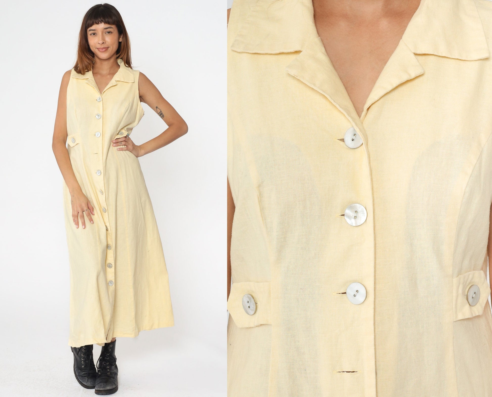 90s Pale Yellow Linen Midi Dress Keyhole Back Button-Up Sleeveless Large