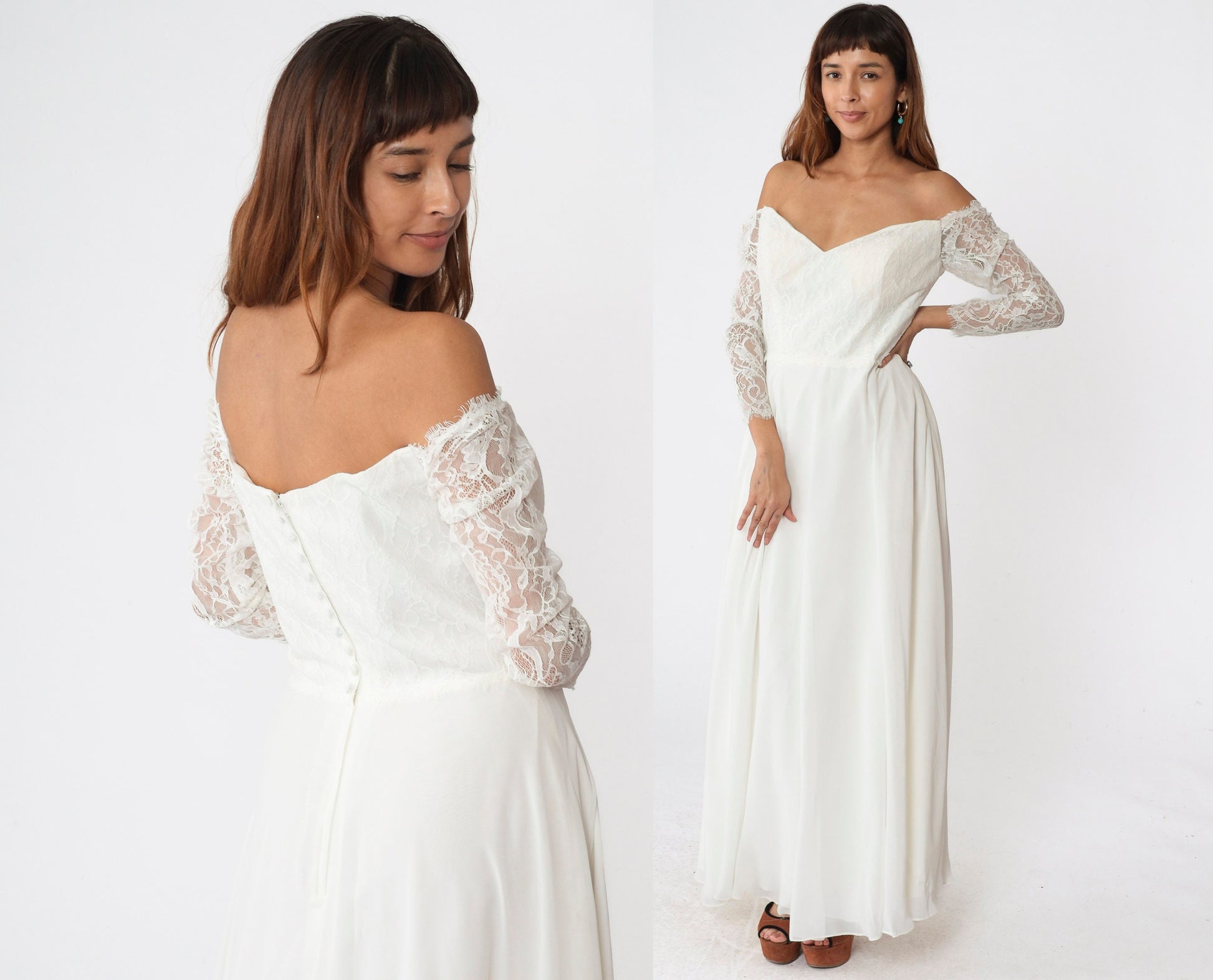 00s Christina Wu Wedding Dress Off-Shoulder Lace Chiffon Maxi White Large 14