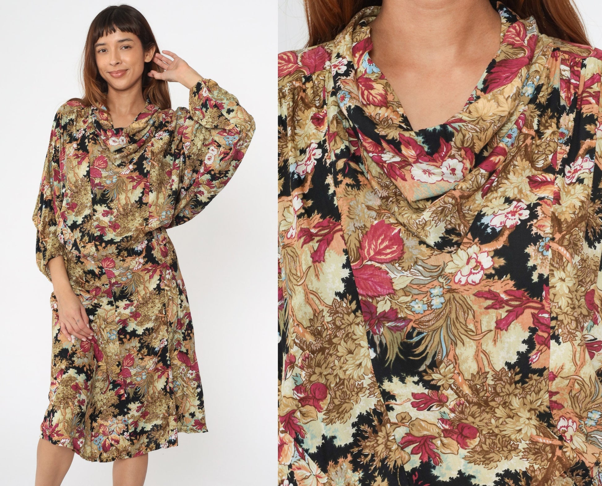 90s Floral Cowl Neck Dress Knee Length Dolman Sleeve Rayon Medium