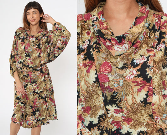 90s Floral Cowl Neck Dress Knee Length Dolman Sleeve Rayon Medium