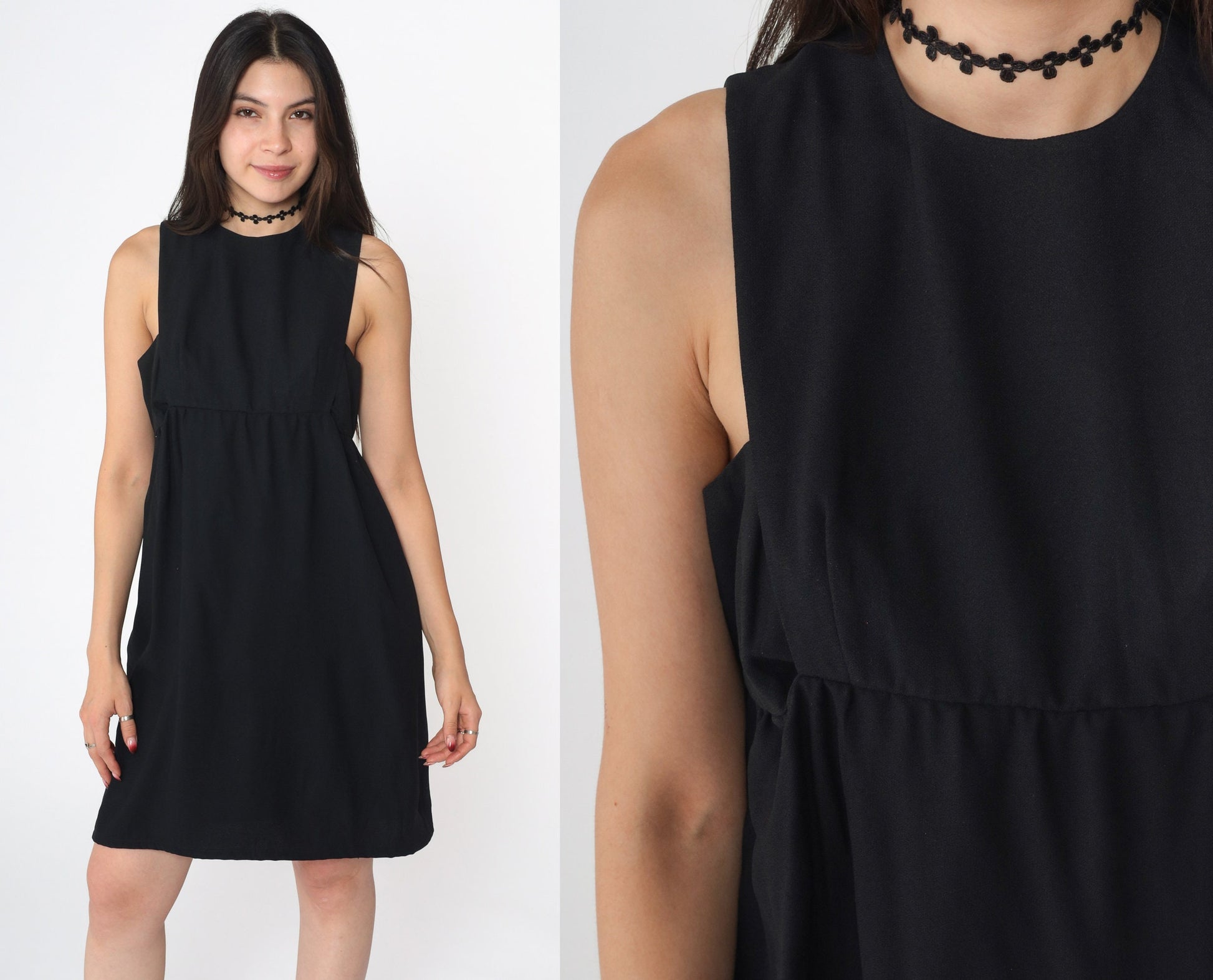 60s Black Mini Shift Dress Keyhole Back Empire Waist Sleeveless Small