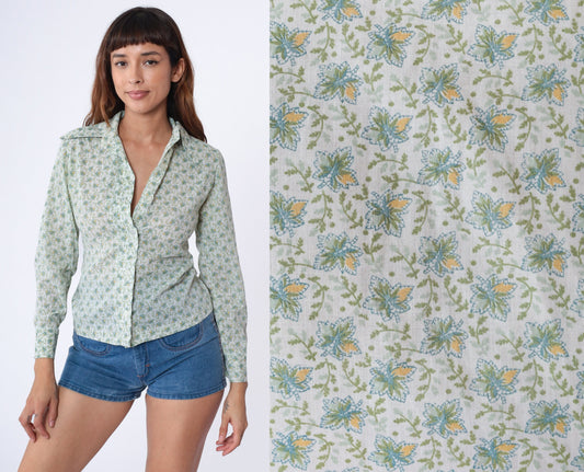 70s Floral Button-Up Blouse White Green Pointed Collar Long Sleeve Extra Small