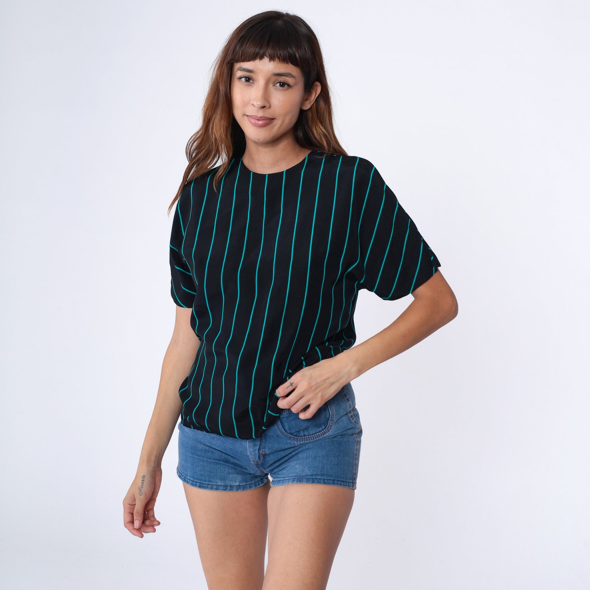 80s Black Striped Rayon Blouse Turquoise Short Sleeve Button Back Medium