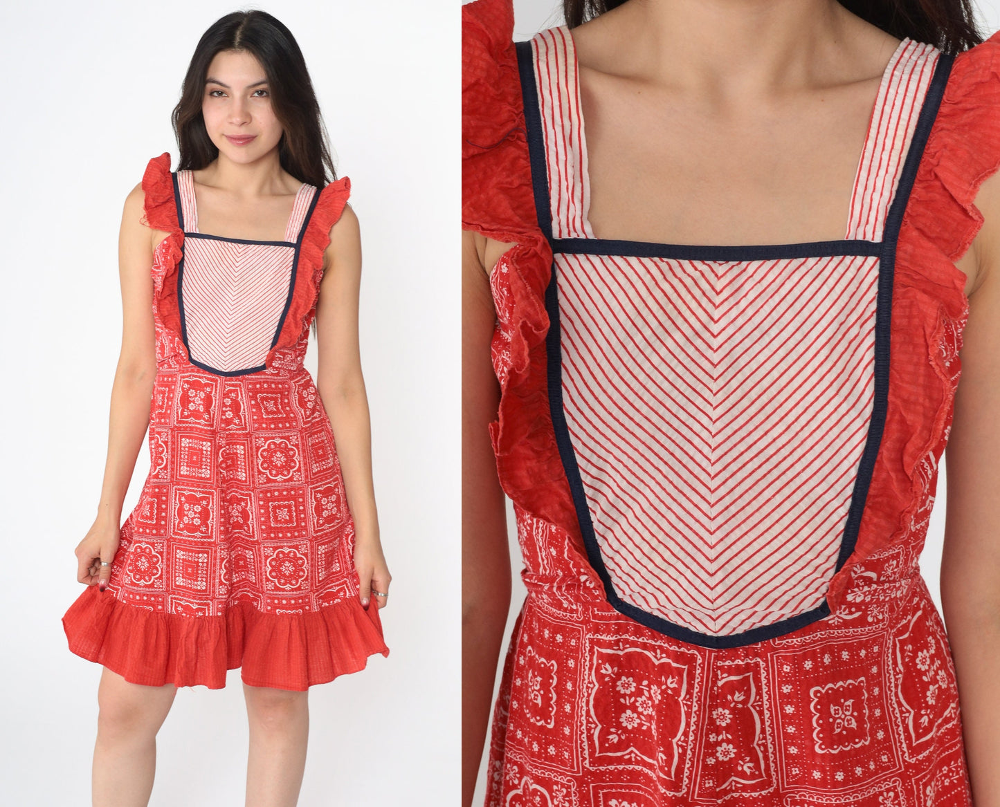 70s Red Bandana Print Mini Sundress Chevron Bib Tie-Back Sleeveless 2XS