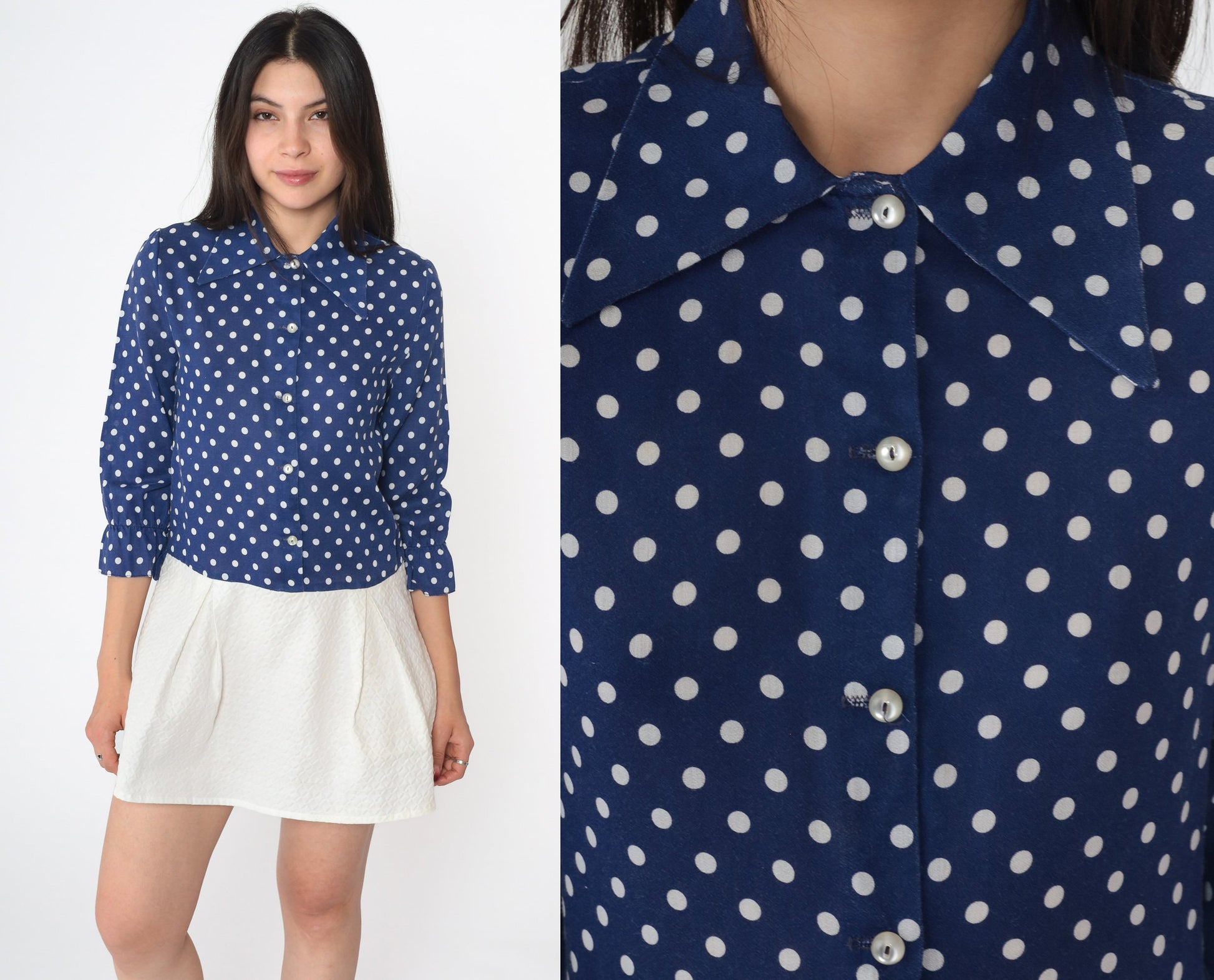 60s Mod Polka Dot Mini Dress Navy Blue Button-Up Dagger Collar Small S