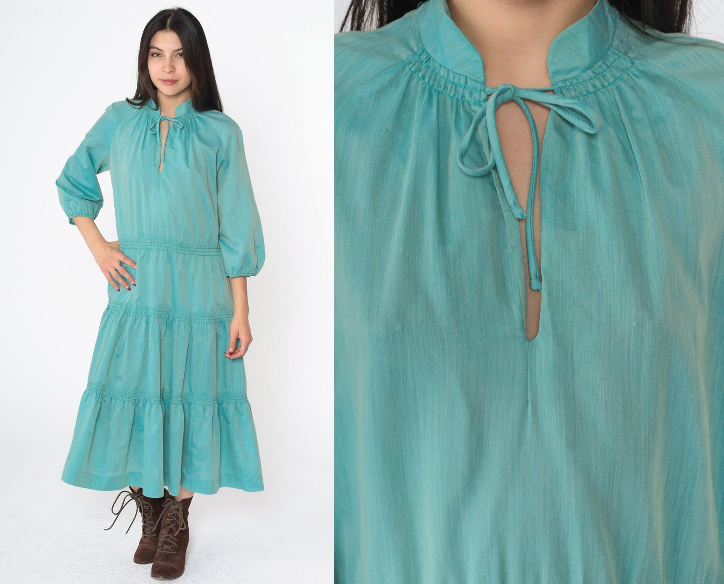 60s Peasant Midi Dress Aqua Blue Keyhole Mandarin Collar Tiered Raglan Medium Large