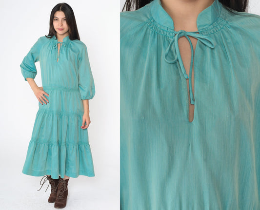 60s Peasant Midi Dress Aqua Blue Keyhole Mandarin Collar Tiered Raglan Medium Large