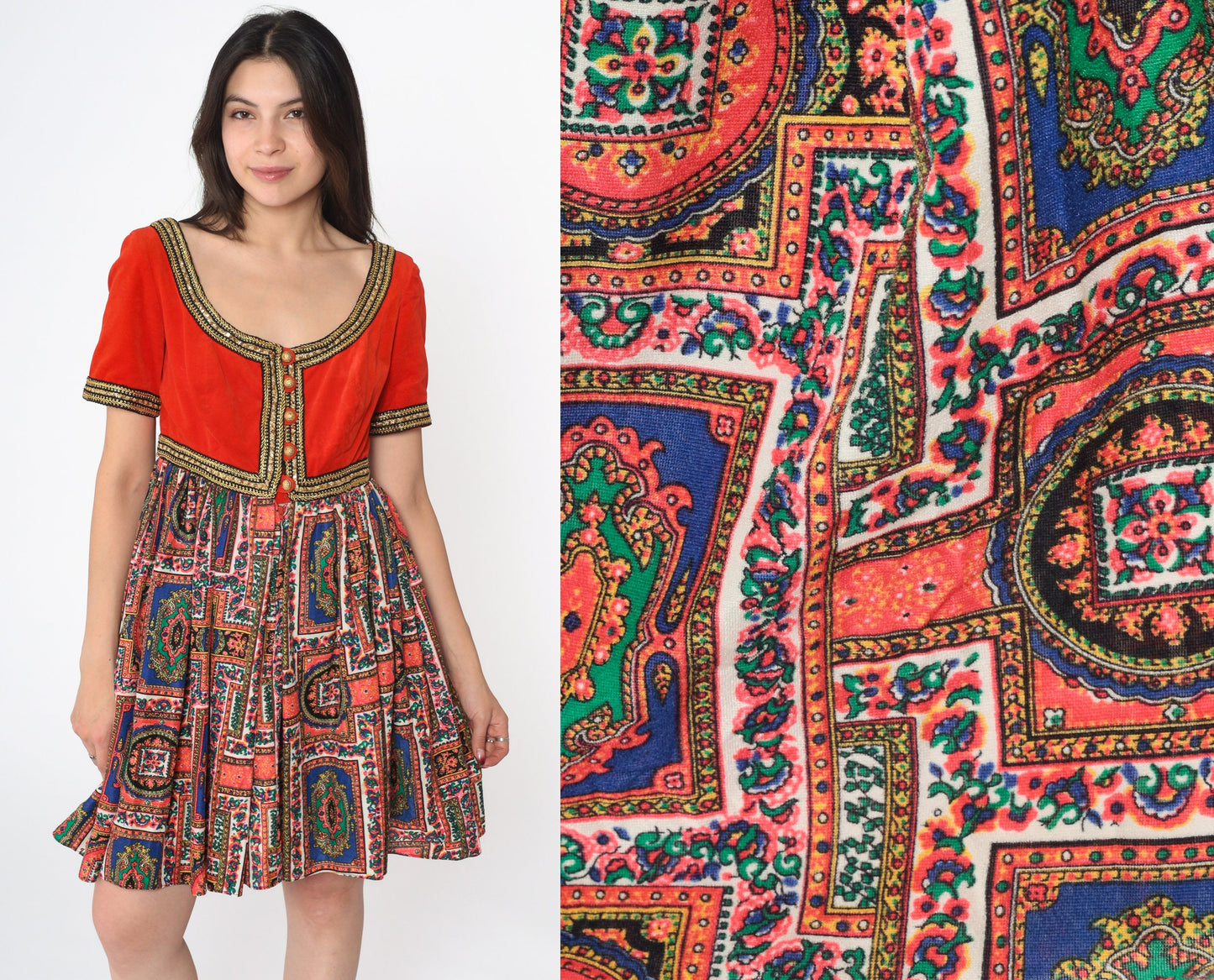 60s Velvet Mini Dress Orange Gold Trim Psychedelic Medallion Empire Waist Small