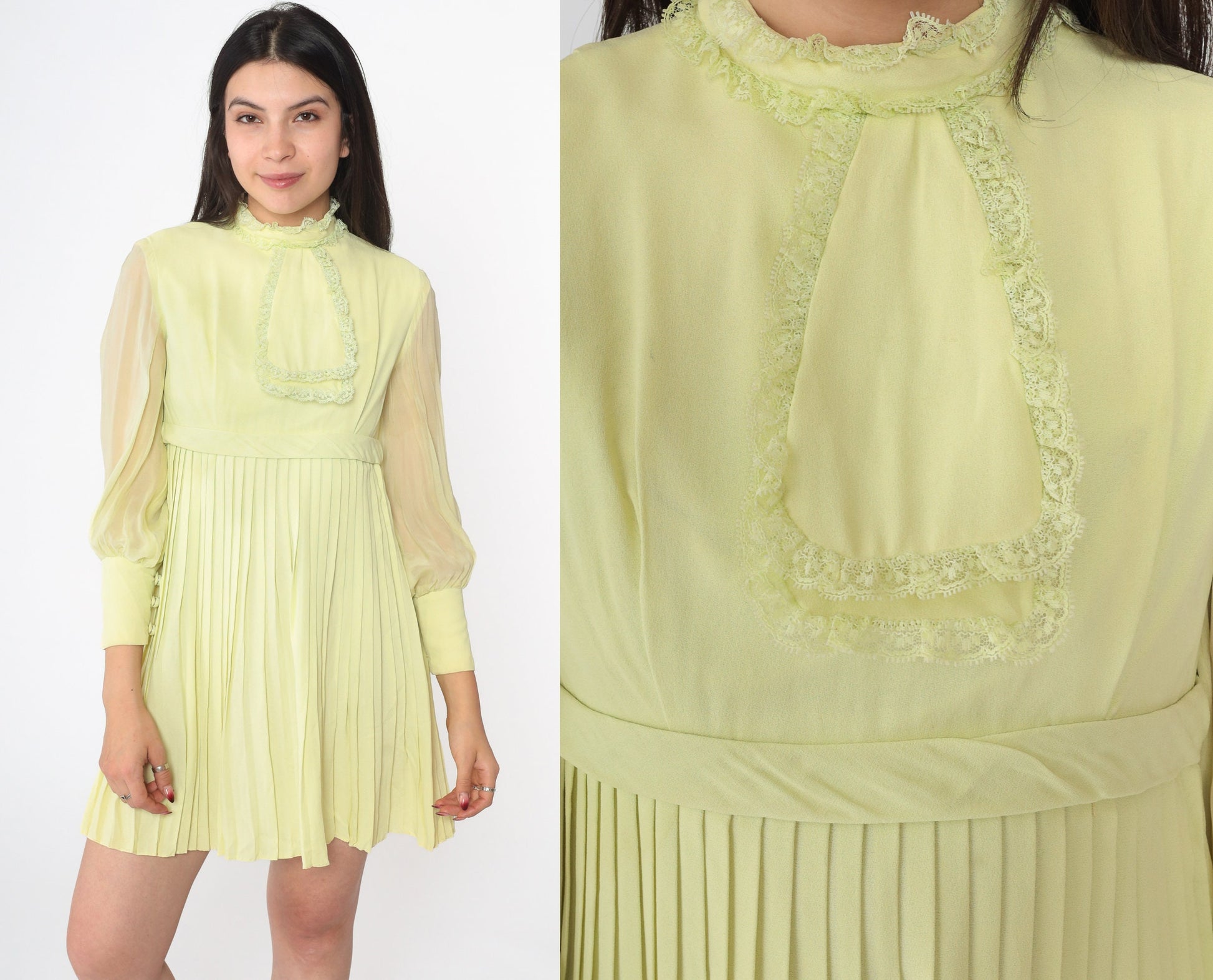 60s Lime Green Mini Dress Empire Waist Pleated Chiffon Sleeve Extra Small