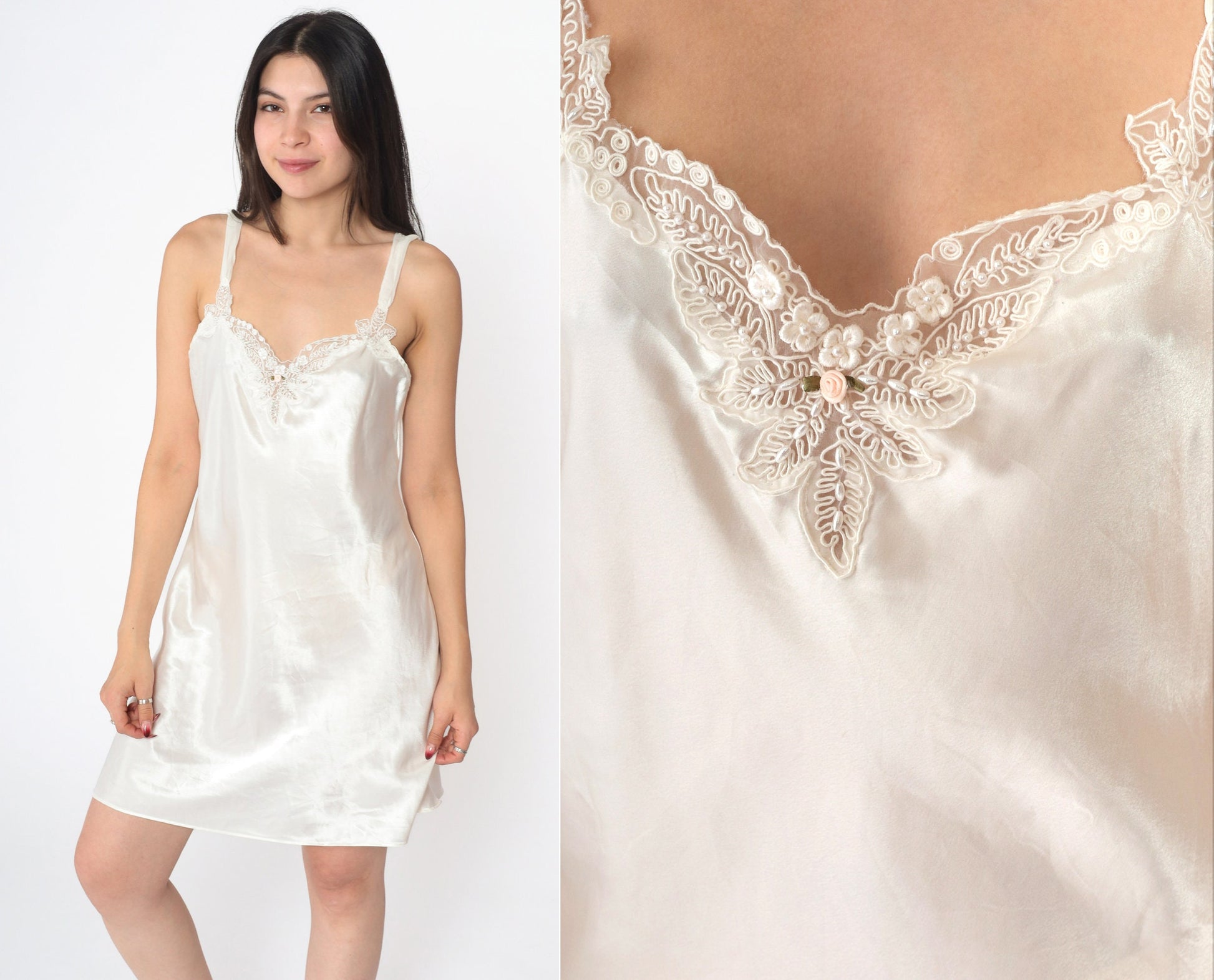 90s White Satin Slip Dress Pearl Beaded Mesh Trim Mini Nightgown Medium
