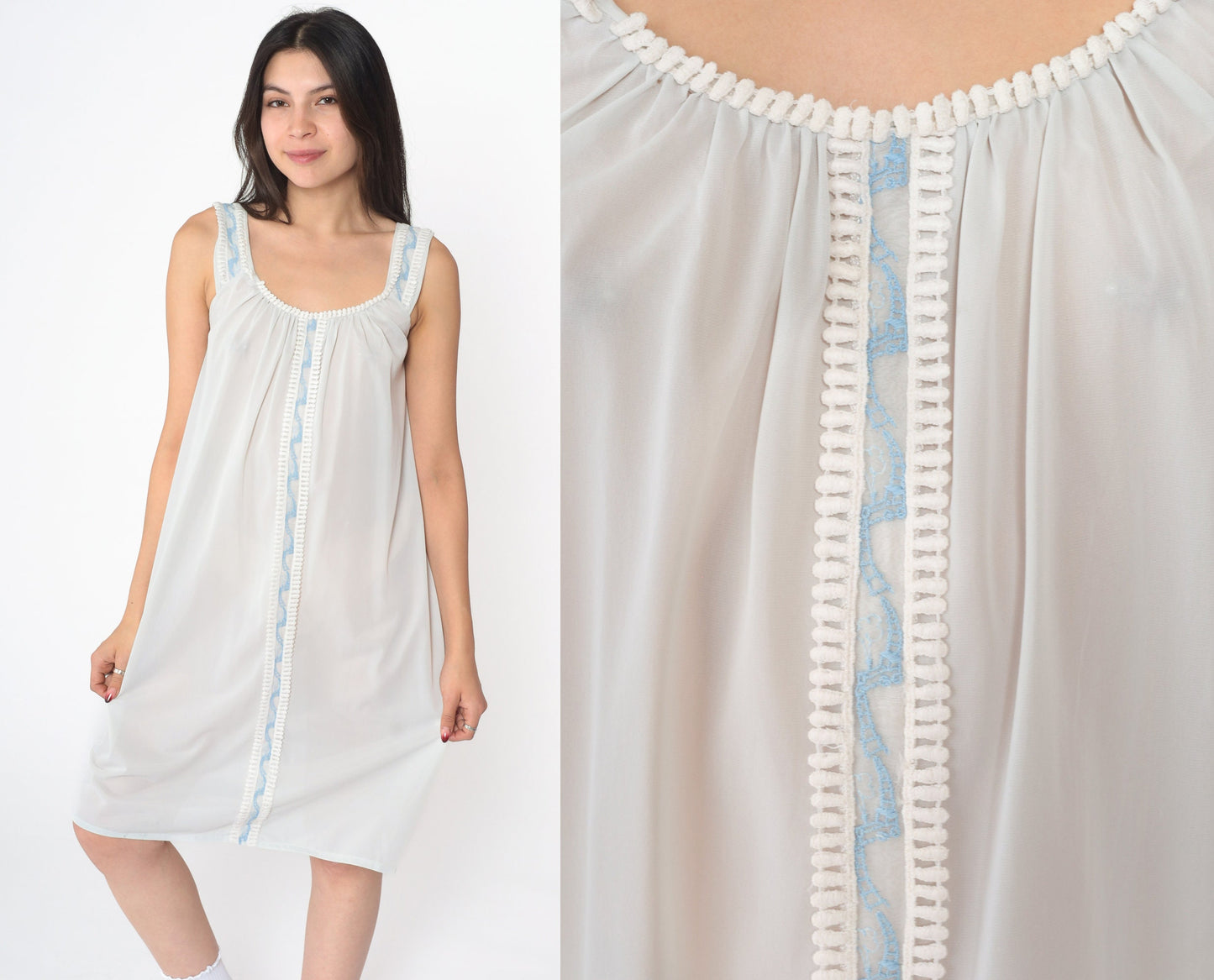 70s Baby Blue Nylon Nightgown Lace Embroidered Mini Slip Sleeveless Small